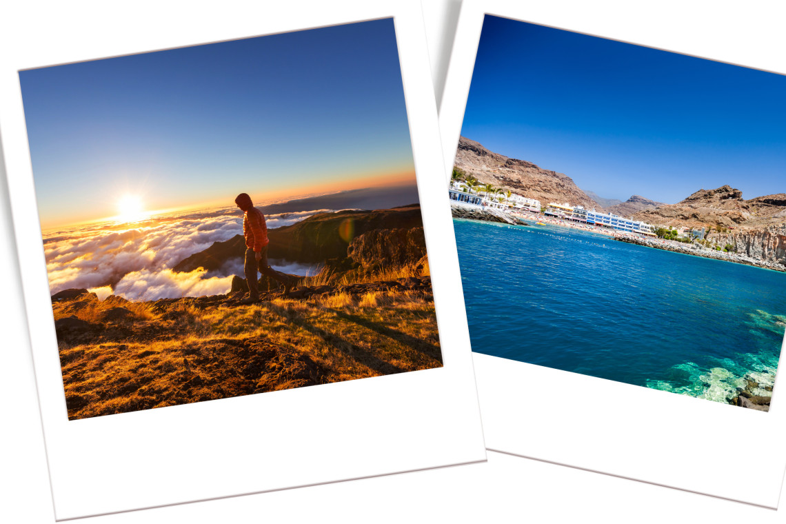 Madeira mountain sunrise above the clouds contrasted with Spain’s sunny Costa del Sol coastline, showing the difference between the destinations.