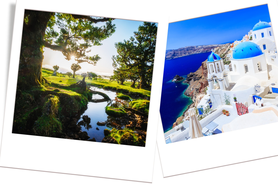 Split view of Madeira’s lush forests and Greece’s whitewashed houses with blue domes, comparing Madeira vs Greece for travel.
