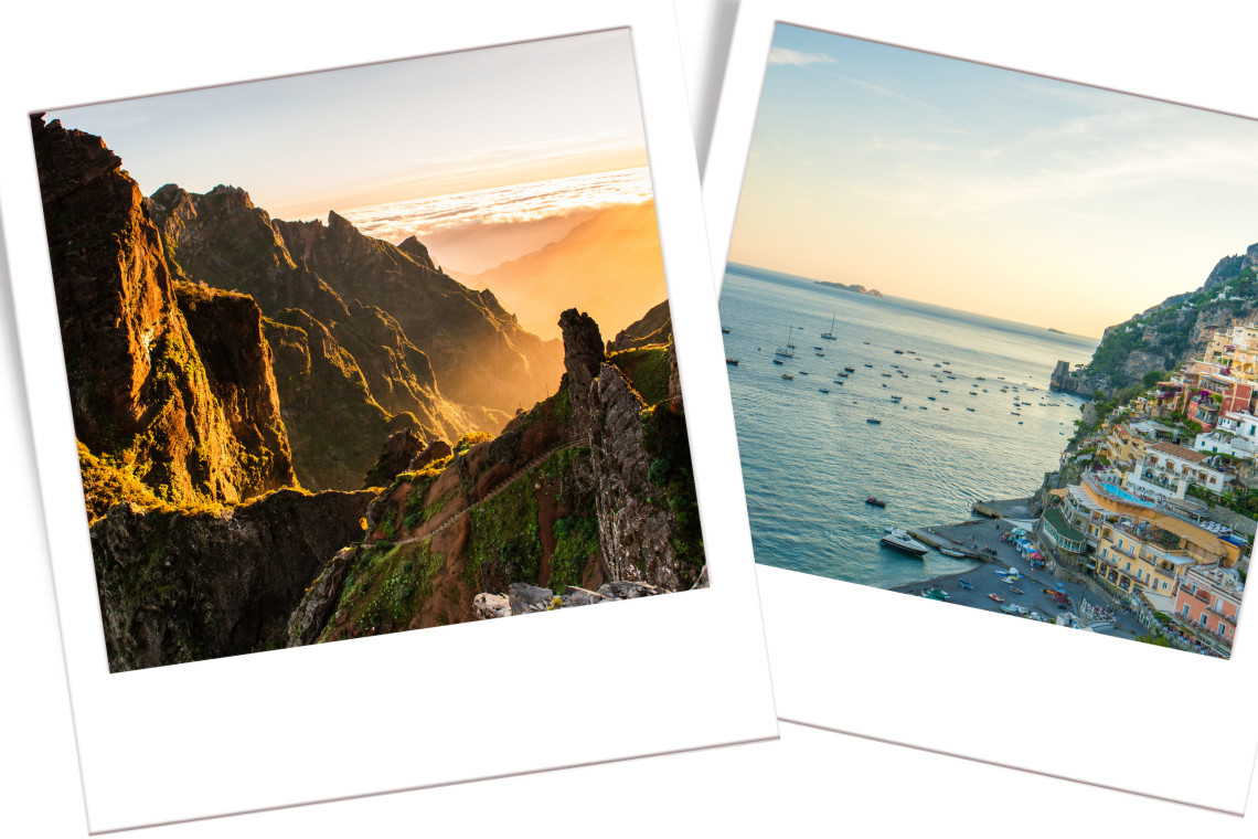 Madeira’s mountain peaks at sunrise contrasted with the Amalfi Coast’s colorful seaside village, highlighting the travel comparison.