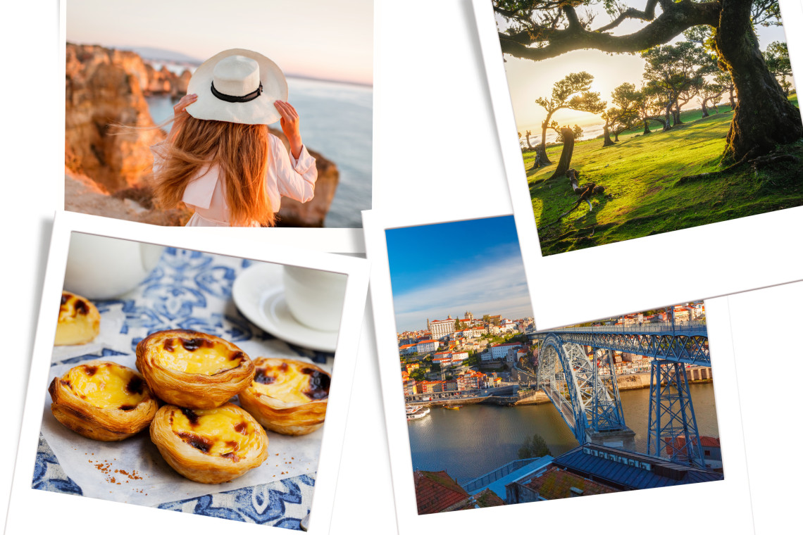 Highlights of Portugal’s full country tour — Algarve cliffs, Madeira’s forests, Lisbon’s pastéis de nata, and Porto’s Dom Luís I Bridge over the Douro River.