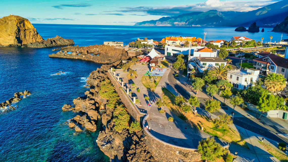 Aerial view of natural swimming pools in Porto Moniz Madeira