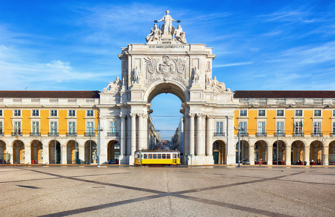 Top 10 Architectural Monuments In Lisbon Portugal   Praca Do Comercio With Yellow Tram Lisbon Portugal Europe 