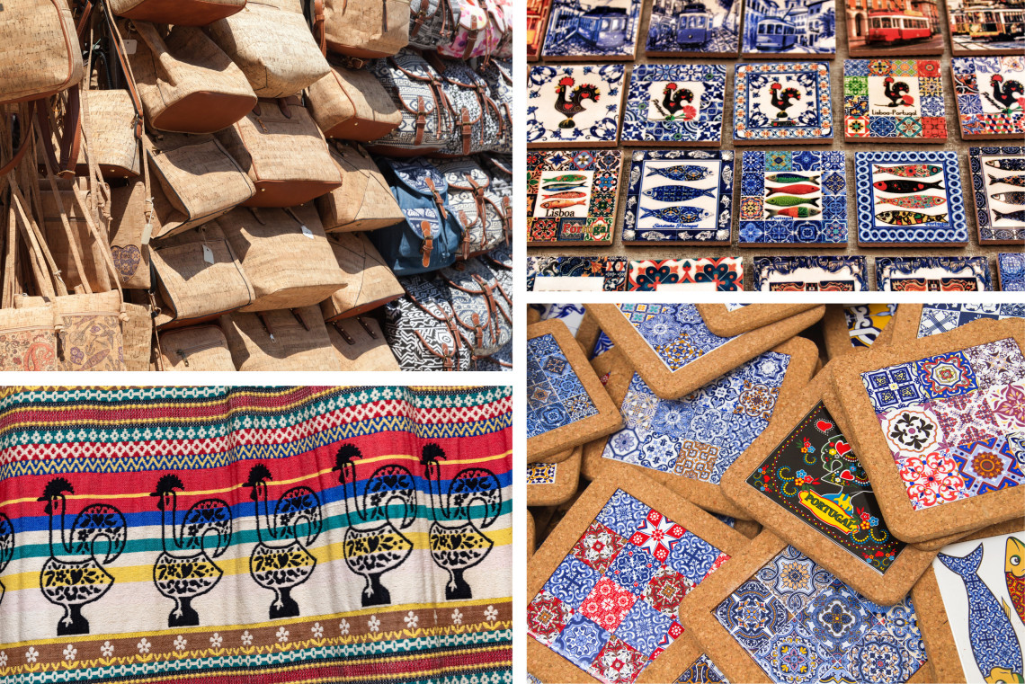 Traditional Portuguese souvenirs including cork handbags, colorful ceramic tiles, embroidered textiles with the Barcelos rooster, and handcrafted coasters featuring azulejo patterns.