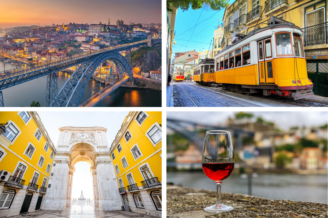Top Portugal attractions collage with Dom Luís I Bridge in Porto, traditional Lisbon tram, Rua Augusta Arch, and port wine glass by the Douro River