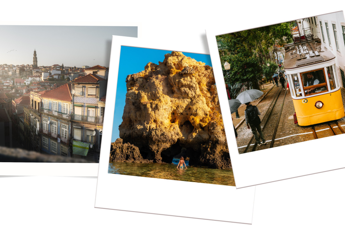 Collage of Portugal highlights with Porto’s Ribeira district, Algarve sea cliffs, and Lisbon’s iconic yellow tram, featured in the Portugal by Train package.