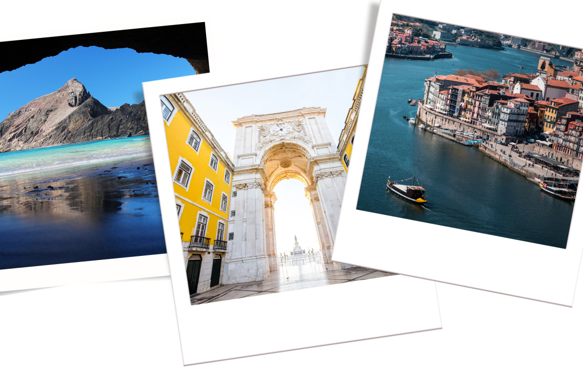 ollage showing Madeira’s mountain coastline, Lisbon’s Rua Augusta Arch, and Porto’s Douro Riverfront — highlights of the Lisbon, Porto & Madeira package.