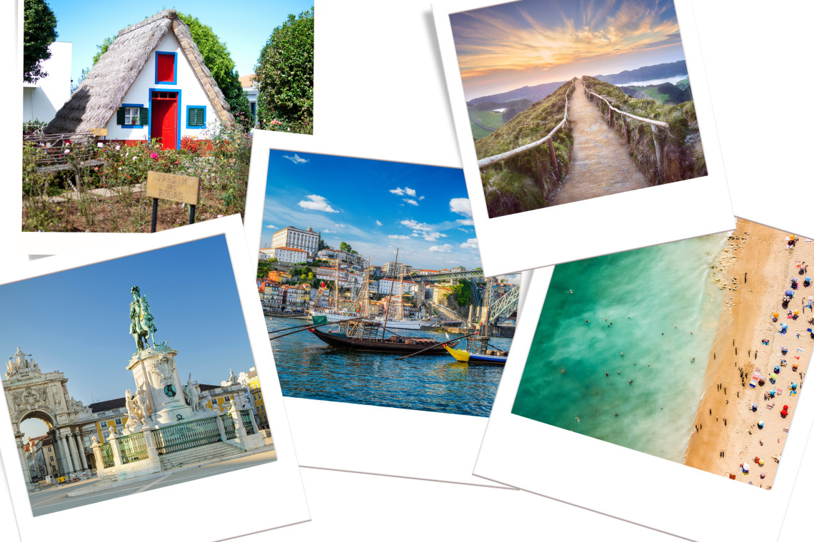 Collage featuring Madeira’s traditional Santana house, the Azores’ scenic trails, Porto’s Douro River, Lisbon’s Rua Augusta Arch, and Algarve’s golden beach, included in the Full Country Tour package.