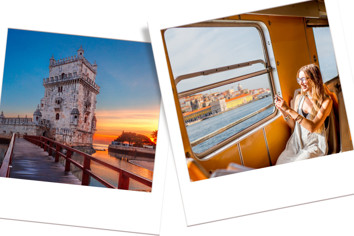 Collage with Lisbon’s Belém Tower at sunset and a traveler enjoying a train ride overlooking the Tagus River.
