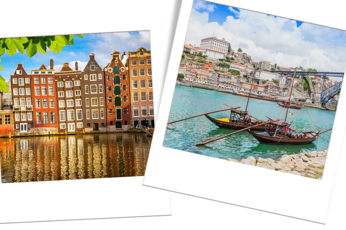 Comparison of Amsterdam’s canals with Porto’s Douro River, where traditional rabelo boats highlight the city’s authentic wine culture and unique charm.