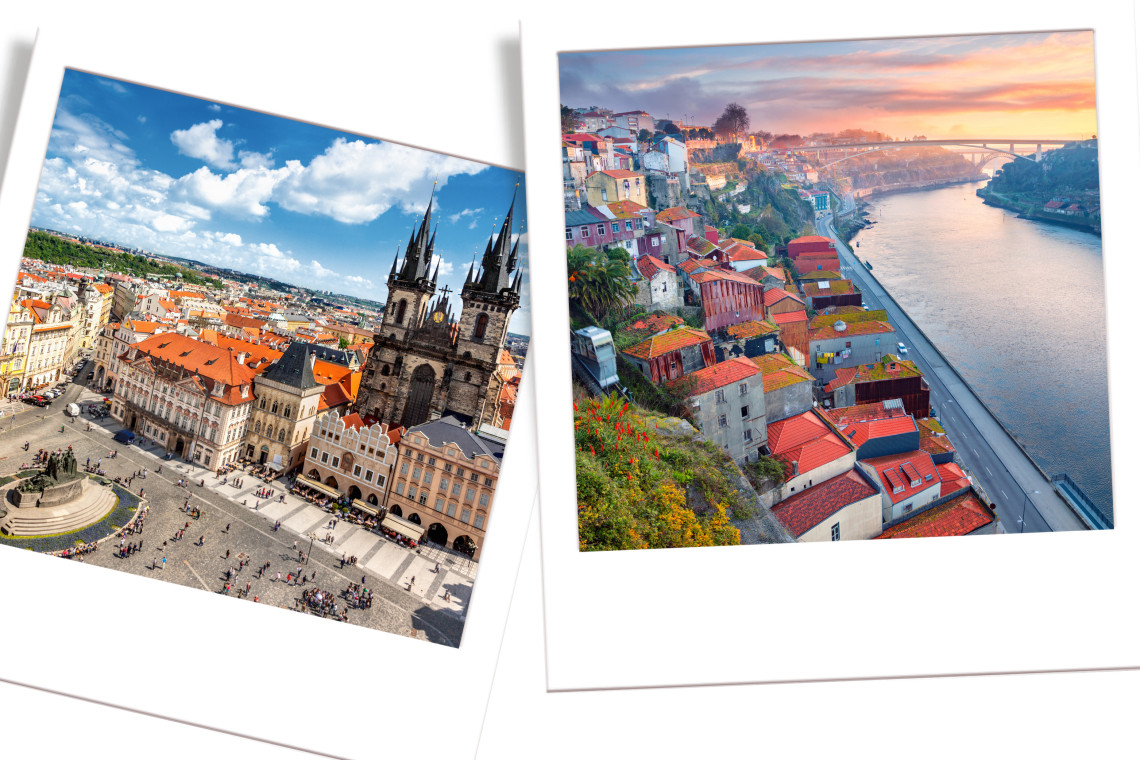 Comparison of Prague’s historic Old Town with Porto’s colorful Ribeira and Douro River, highlighting Porto’s Atlantic views and Port wine heritage.