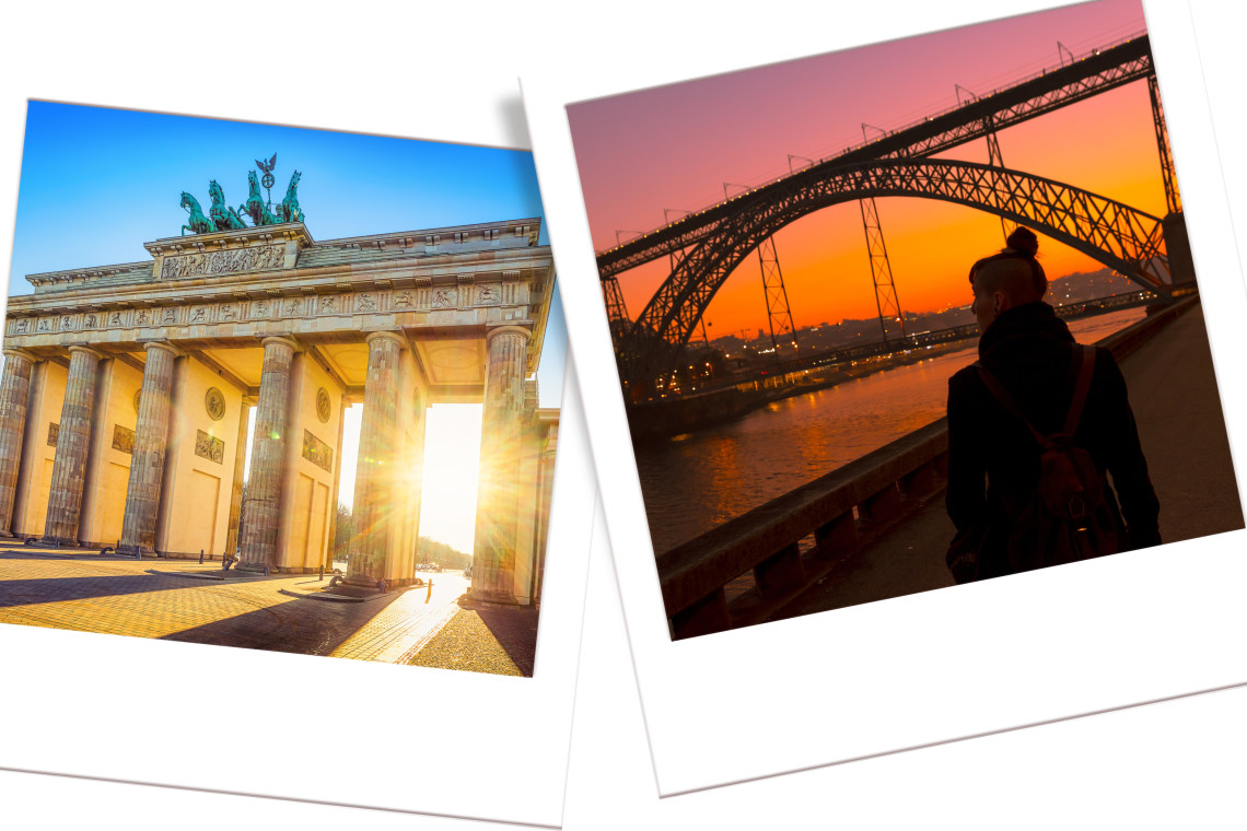 Comparison of Berlin’s Brandenburg Gate with Porto’s Dom Luís I Bridge at sunset, highlighting Porto’s UNESCO heritage and welcoming atmosphere.
