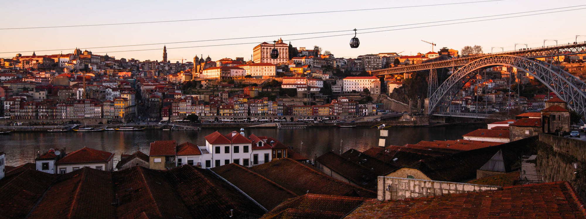 View of Ribeira at Douro river and Dom Luis I bridge, Porto - Portugal.