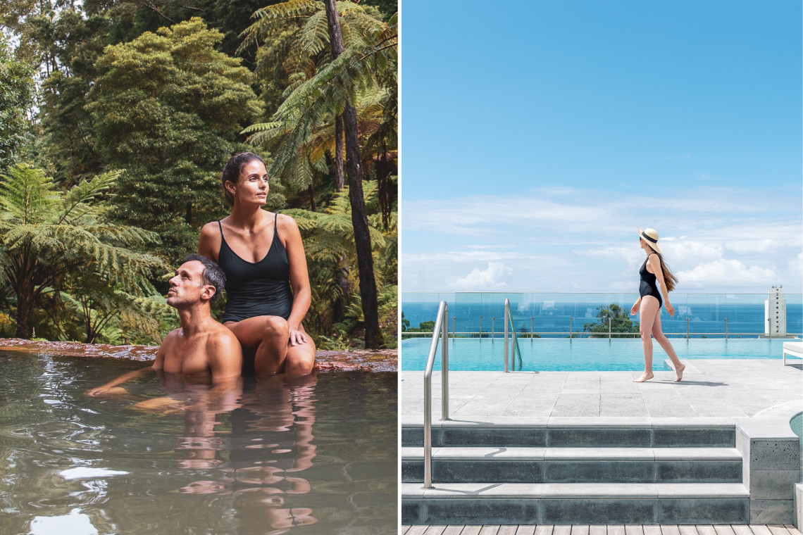 Couple relaxing in thermal hot springs and traveler by rooftop pool at Hilton, São Miguel Island, Azores