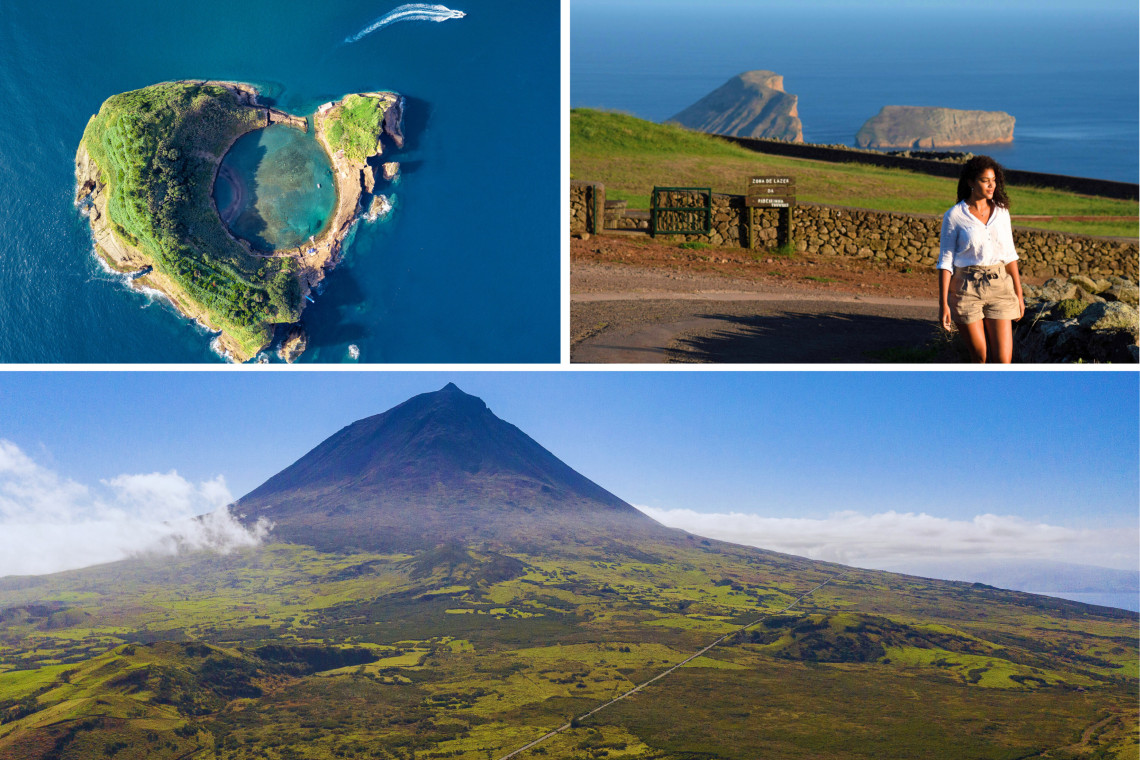 Aerial view of Ilhéu de Vila Franca in São Miguel, traveler exploring Terceira Island cliffs, and Pico Mountain in the Azores