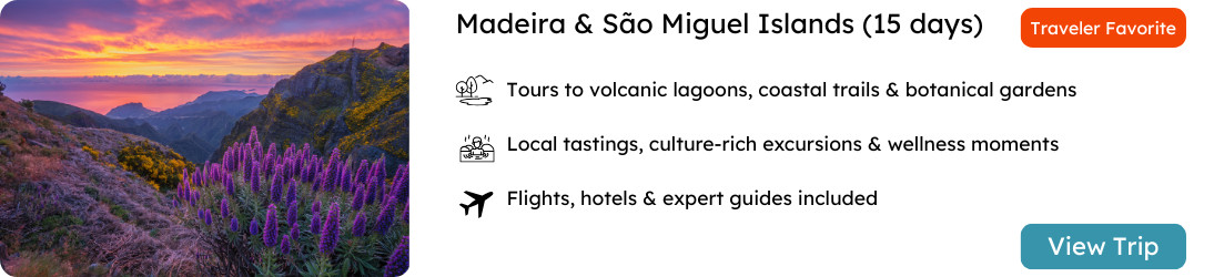 Madeira & São Miguel Group Vacation – 15-Day Guided Tour Package Vibrant sunset over Madeira Island’s mountain trails and wildflowers, highlighting a 15-day group tour combining Madeira and São Miguel with scenic hikes, cultural tastings, and wellness experiences.