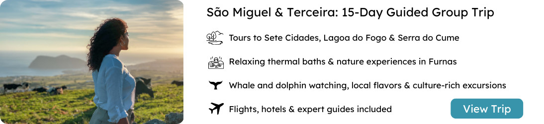 São Miguel & Terceira Group Tour – 15-Day Island Experience in the Azores Woman admiring a coastal landscape at sunset on Terceira Island, Azores — part of a 15-day guided group tour combining São Miguel and Terceira with thermal baths, cultural tastings, and whale watching.