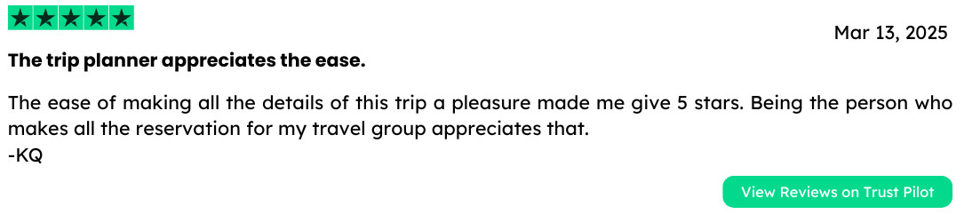5-Star Trustpilot Review for Azores Getaways – Group Travel Experience Screenshot of a 5-star Trustpilot review praising the ease of booking a group trip with Azores Getaways, especially appreciated by the trip organizer.
