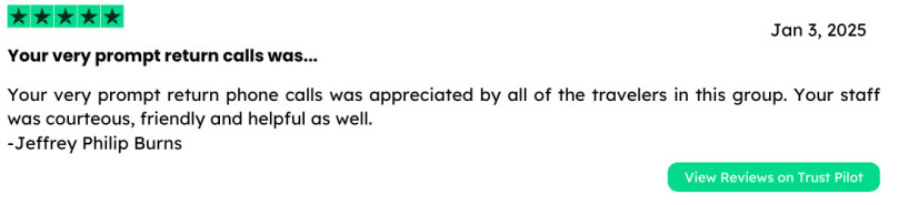 Customer Review for Azores Getaways – Excellent Group Travel Support 5-star Trustpilot review from a group traveler praising Azores Getaways for prompt return calls and courteous, helpful staff — written by Jeffrey Philip Burns.