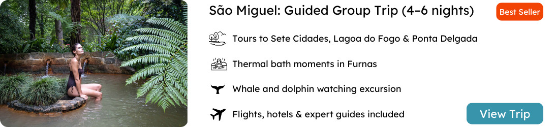 Thermal Bath Experience in Furnas – São Miguel Group Tour Package Woman relaxing in a natural thermal pool surrounded by lush greenery in Furnas, São Miguel Island, Azores — part of a 4–6 night guided group tour with whale watching and volcanic crater visits.