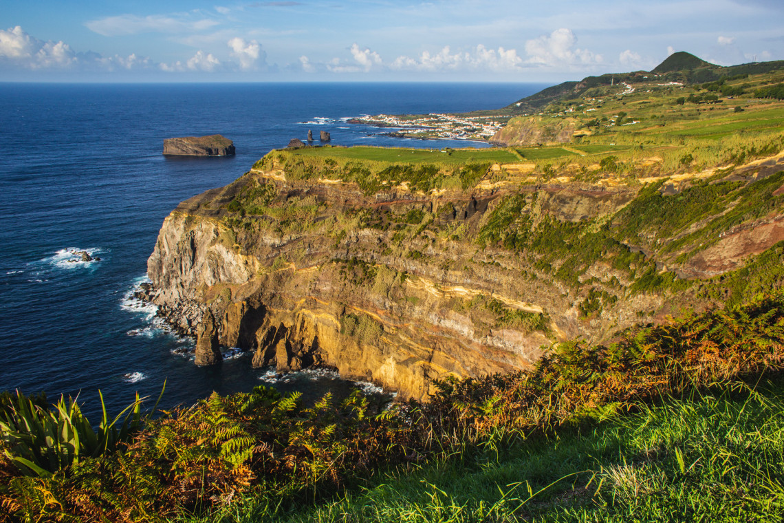 Mosteiros Islets from Ponta do Escalvado lookout – Breathtaking Coastal Scenery in São Miguel, Azores Panoramic view from Ponta do Escalvado Viewpoint overlooking the rugged cliffs and Mosteiros Islets on the west coast of São Miguel Island, Azores.