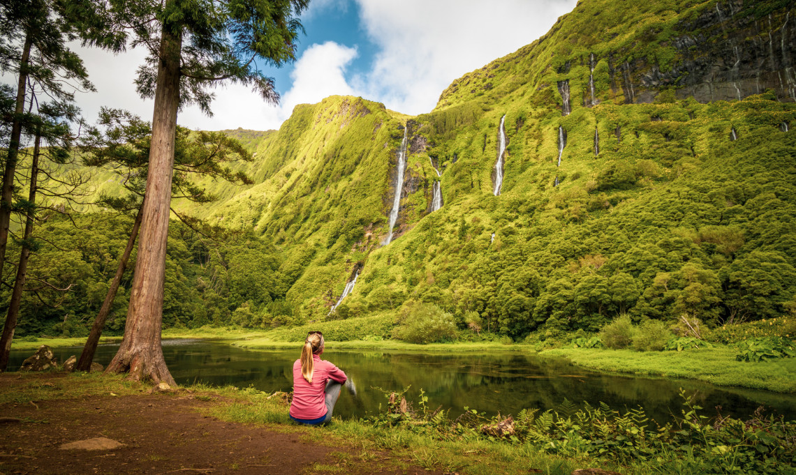 Amazing waterfalls, lake with reflection, water, green landscape, Azores islands. Amazing waterfalls, lake with reflection, water, green landscape, Azores islands.