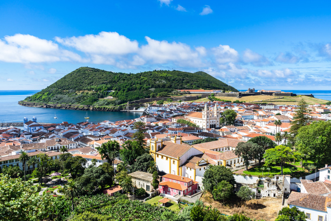 Sunny view of buildings of Angra do Heroismo from Alto da Memoria, Azores, Portugal Sunny view of buildings of Angra do Heroismo from Alto da Memoria, Azores, Portugal