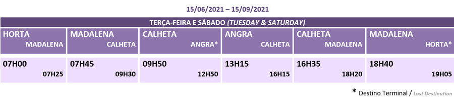 Purple line schedules for inter-island ferry trips in the Azores Purple line schedules for inter-island ferry trips in the Azores