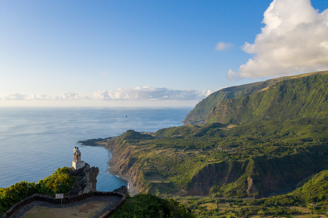 Viewpoint in Flores Island overlooking Fajã Grande, Azores, Portugal.
