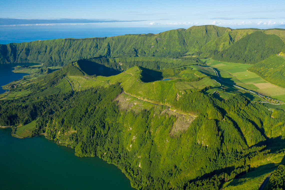 Aerial view of Sete Cidades crater and green landscape in São Miguel, Azores.
