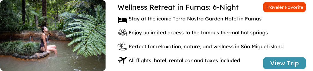 Woman relaxing in natural thermal pool at Terra Nostra Garden Hotel in Furnas, São Miguel Island, for the Wellness Retreat 6-Night Package