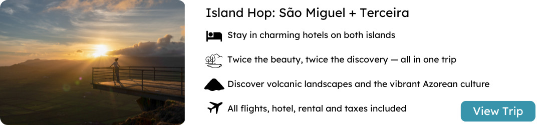 Traveler enjoying a sunset view over São Miguel Island, promoting the Island Hop: São Miguel + Terceira 7-Night Package