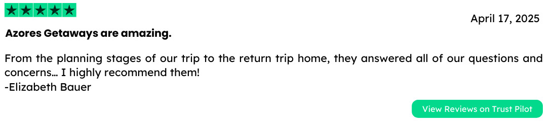 Five-star review by Elizabeth Bauer praising Azores Getaways for outstanding trip planning and customer support, posted on April 17, 2025