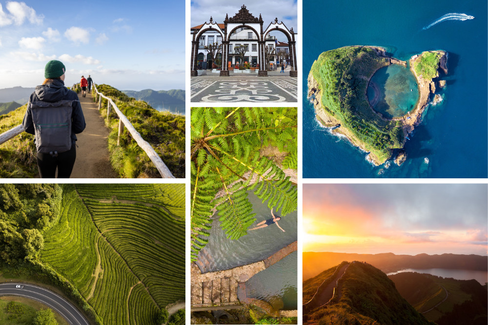 Collage featuring hiking trails, historic Ponta Delgada gates, Vila Franca Islet, lush landscapes, natural hot springs, and scenic viewpoints in São Miguel, Azores