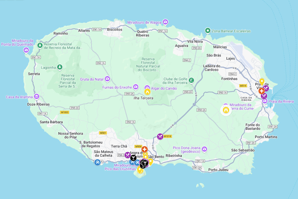 Day 1 Terceira Island Itinerary Map – Top Sights and Stops Map of Terceira Island highlighting suggested stops for Day 1, including Angra do Heroísmo, Monte Brasil, Algar do Carvão, Serra do Cume, and Praia da Vitória.