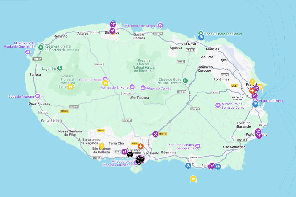 Day 2 Terceira Island Itinerary Map – Coastal Highlights, Wine Tasting & Volcanoes Map of Terceira Island showing Day 2 itinerary suggestions, including Biscoitos natural pools and vineyards, Gruta do Natal, Serra de Santa Bárbara, and the coastline near Praia da Vitória.