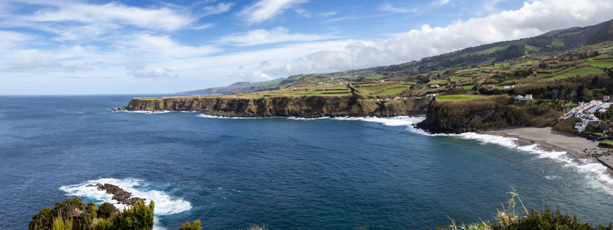 Panorama view over Porto Formoso bay, Sao Miguel island, volcanic beach, Azores. Panorama view over Porto Formoso bay, Sao Miguel island, volcanic beach, Azores.