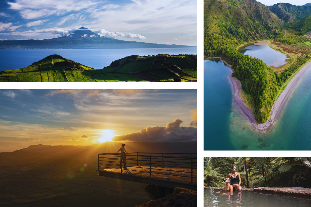Azores Nature Highlights – São Miguel, Pico & Terceira Islands Scenic collage showing iconic Azores landscapes: Pico Mountain, Lagoa do Fogo, sunset viewpoint in Terceira, a volcanic hot spring, and São Miguel’s pristine coastline.