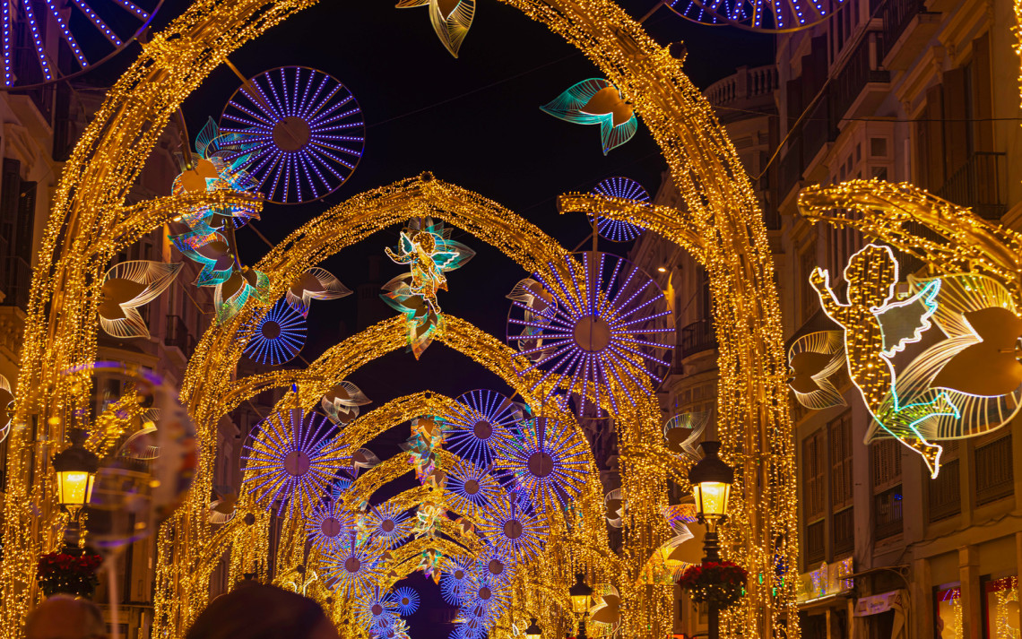Christmas decorations 2019 on Calle Marques de Larios street in the centre of Malaga city, Andalusia, Spain. christmas-decorations-2019-on-calle-marques-de-larios-street-in-the-centre-of-malaga-city-andalusia-spain