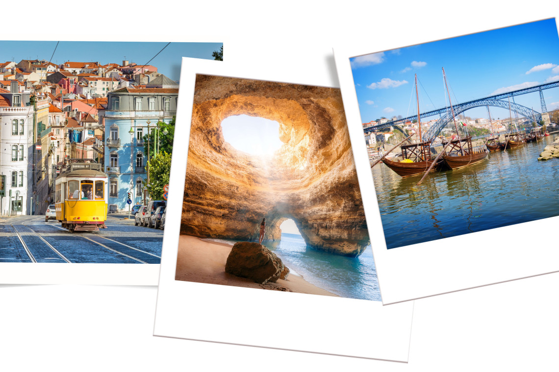Collage of Portugal’s highlights: Lisbon’s iconic yellow tram, the Benagil Cave in the Algarve, and Porto’s Douro River with the Dom Luís I Bridge.