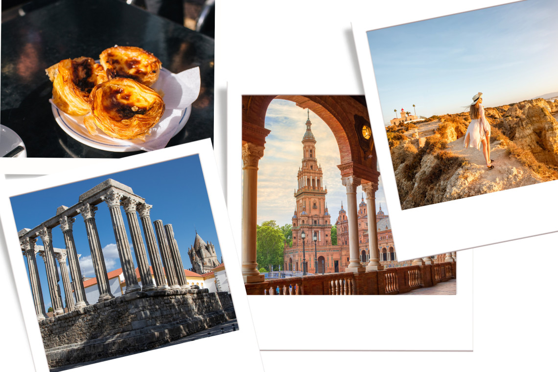 Collage of highlights from Portugal and Spain: traditional Pastéis de Nata in Lisbon, Roman Temple of Évora, Plaza de España in Seville, and a traveler exploring the Algarve cliffs.