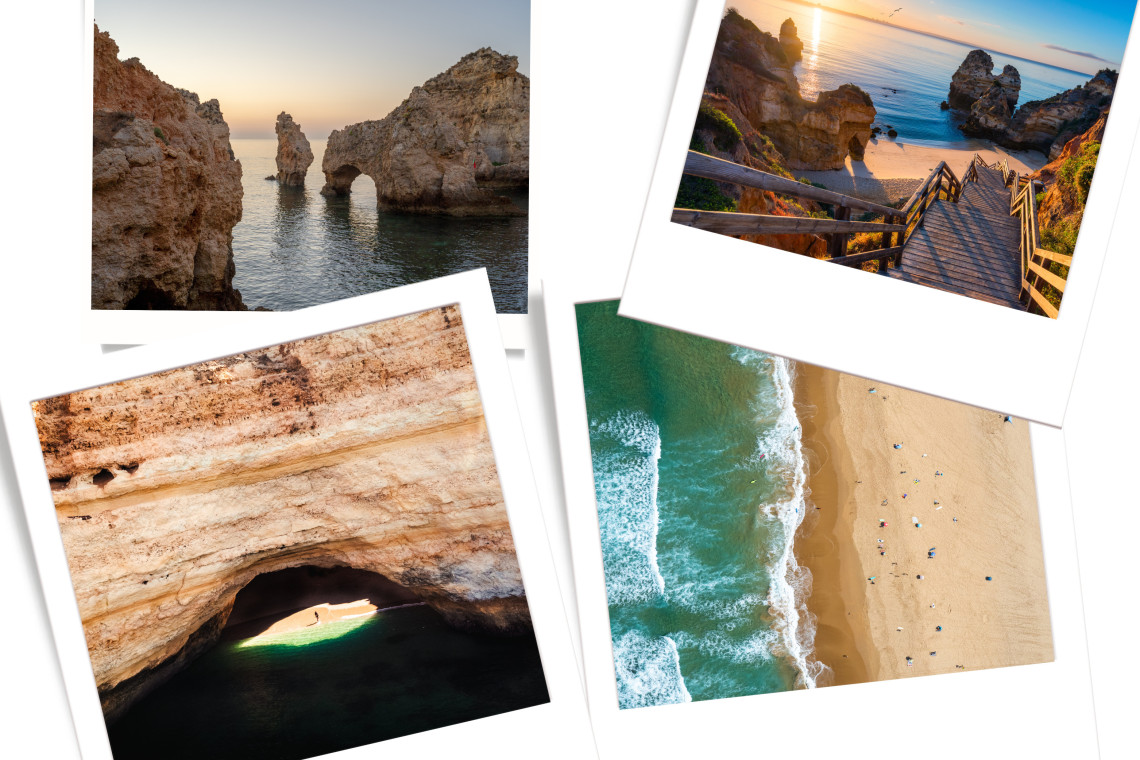Collage of Algarve highlights: Ponta da Piedade cliffs at sunset, wooden boardwalk to a beach cove, Benagil Cave with sunlight, and an aerial view of a sandy beach with waves.