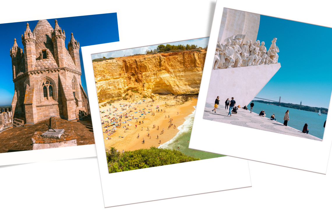 Collage of southern Portugal highlights: Torre de Belém in Lisbon, Praia da Marinha in the Algarve with golden cliffs, and Padrão dos Descobrimentos overlooking the Tagus River.