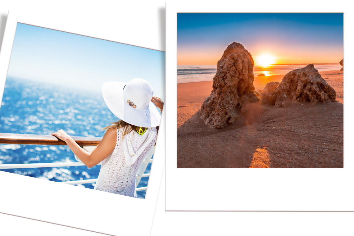 Side-by-side comparison of a woman enjoying the view from a cruise ship and a sunset over rock formations on an Algarve beach in Portugal, highlighting land and sea experiences.