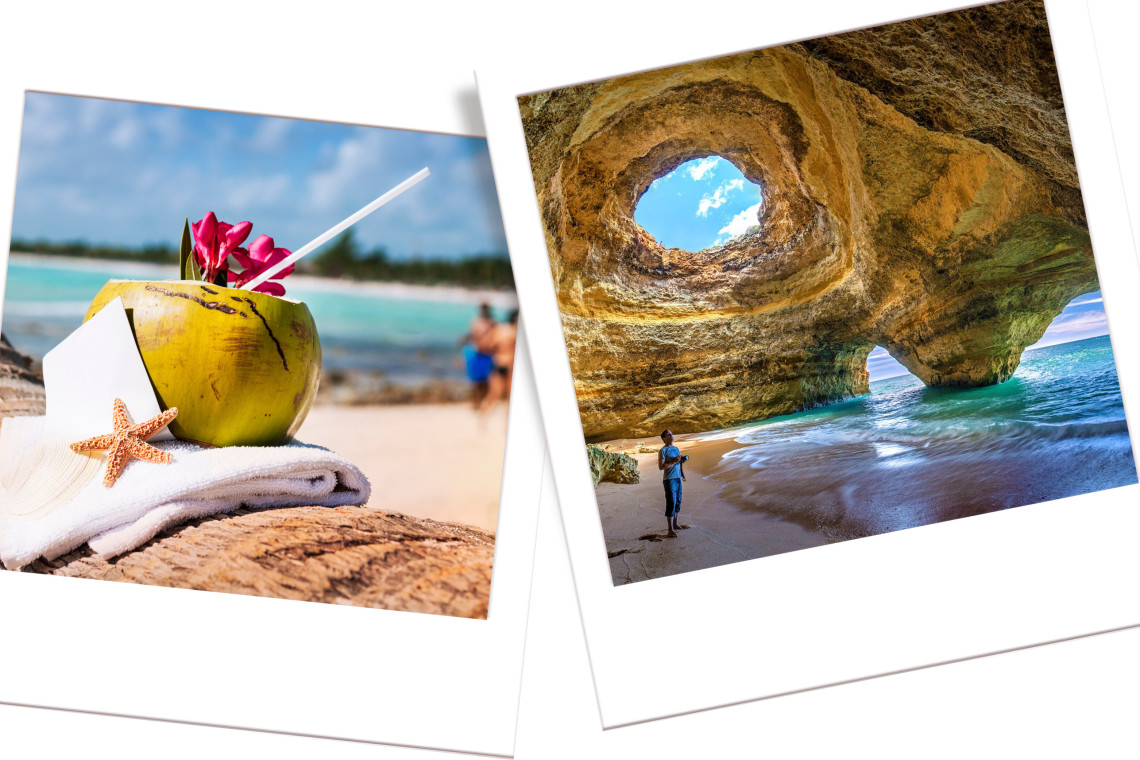 Comparison of tropical Caribbean resort with coconut drink by the beach and Portugal’s Algarve Benagil Cave, showcasing dramatic cliffs, golden sand, and Mediterranean culture.