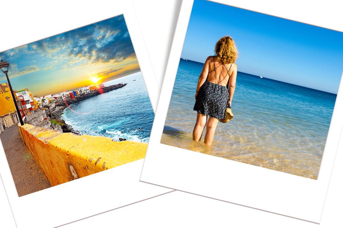 Comparison of Spain’s colorful coastal town at sunset and a woman enjoying the calm waters of an Algarve beach in Portugal, showing the region’s year-round appeal.